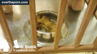 Milf goes into a cage and shit in a dog bowl