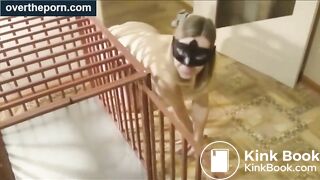 Milf goes into a cage and shit in a dog bowl