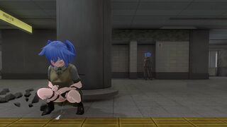 Girl peeing and pooping behind pillar