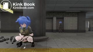 Girl peeing and pooping behind pillar