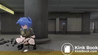 Girl peeing and pooping behind pillar