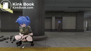 Girl peeing and pooping behind pillar