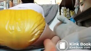 girl humps her messy diaper with plastic pants