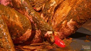 Betty stuffs her pussy with cow shit