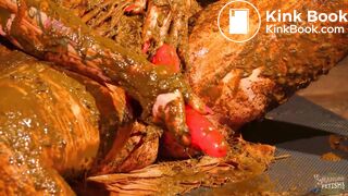 Betty stuffs her pussy with cow shit