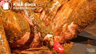 Betty stuffs her pussy with cow shit