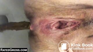 Woman with a hairy pussy pooping in the toilet