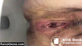Woman with a hairy pussy pooping in the toilet