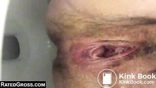 Woman with a hairy pussy pooping in the toilet