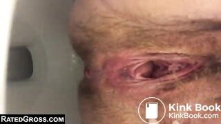 Woman with a hairy pussy pooping in the toilet