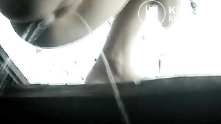 Petite blonde girl shitting huge turd in beach toilet