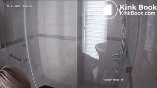 A blonde chick takes a shit in bathroom (mirror)