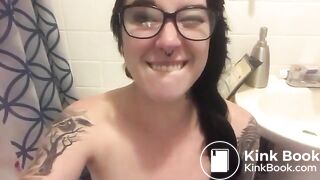 Dirty dark haired girl licks shitty finger