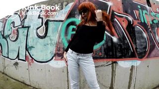 a vacant lot near residential buildings is a toilet for her