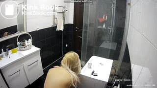 pretty blonde pooping in bathroom