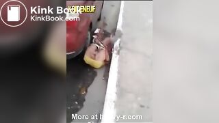 Woman pooping gets knocked over