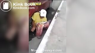 Woman pooping gets knocked over
