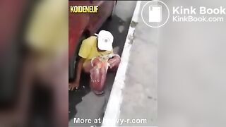 Woman pooping gets knocked over