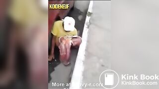 Woman pooping gets knocked over