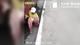 Woman pooping gets knocked over