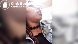 Nasty ebony chick shits in urinal and spits