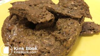 Shaved babe shits on yellow plate..