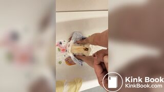 Slave daddy pees over his dirty diaper