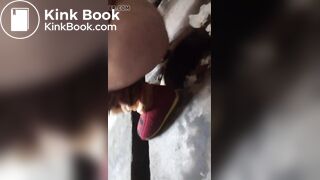 woman with a gorgeous ass shitting in a toilet built on the street