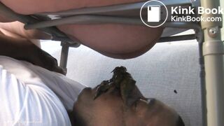 Three chubby women shit in his face.