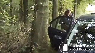 Girl pooping in the woods