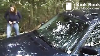 Girl pooping in the woods
