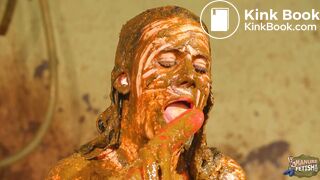 Betty licks the cowshit covered dildo