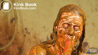 Betty licks the cowshit covered dildo