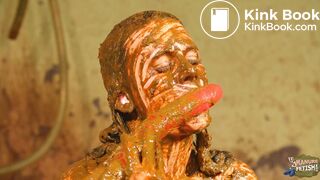 Betty licks the cowshit covered dildo