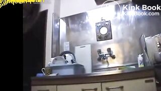 Lady pooping on top cabinet