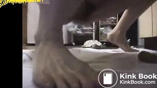 Lady pooping on top cabinet