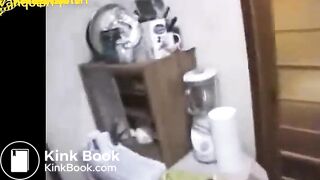Lady pooping on top cabinet