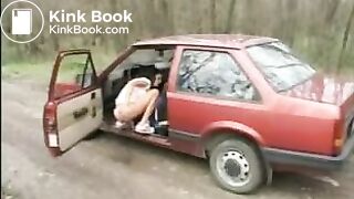 Girl pooping on the side of the road after parking her car