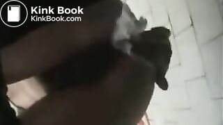 Girl in green bikini takes a dump in a public toilet.