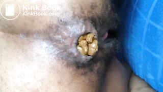 Black hairy pussy letting out fat monster turd