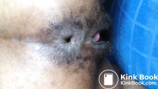 Black hairy pussy letting out fat monster turd
