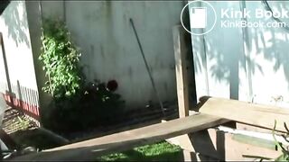 Woman pooping in the compost pile
