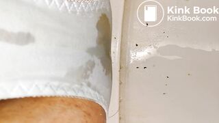 A NEW AND CLEAN JAPAN LIGHT BLUE STRIPE PANTY IS BEING POOP AND PEE - 2