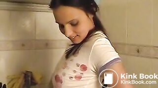 Poop herself in the kitchen