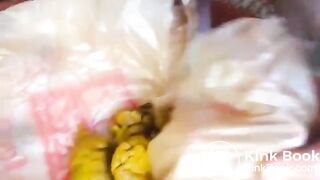 Girl poops on a plastic bag