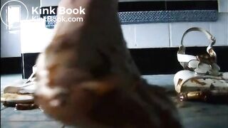 Girl shitting on sandals then wearing it