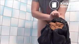 Chubby mistress shitting in leather pants and smearing shit on her ass