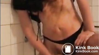 Dirty girl shitting and masturbating with shitty dildo