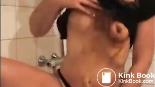 Dirty girl shitting and masturbating with shitty dildo