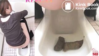 Pretty secretatary pooping big logs in a public toilet